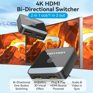 Vention HDMI (2 Portos,kétirányú, 4K,60Hz, fekete), switcher Vention HDMI (2 Portos,kétirányú, 4K,60Hz, fekete), switcher