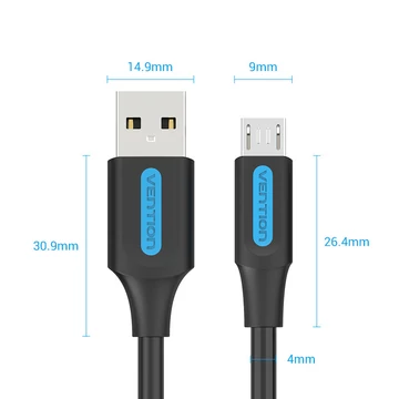Vention USB-A 2.0/M ->  Micro B/M, 0,25m, (3A, fekete), kábel Vention USB-A 2.0/M ->  Micro B/M, 0,25m, (3A, fekete), kábel