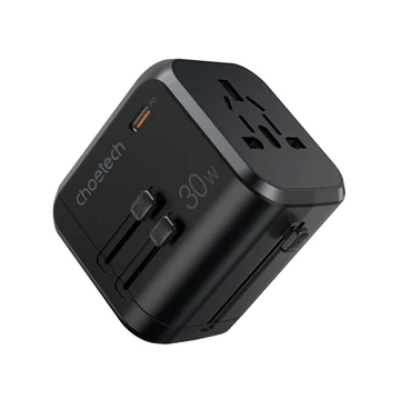 Choetech USB-C+A*3 (4port,30W, fekete, travel, US,UK,EU,AU), töltő Choetech USB-C+A*3 (4port,30W, fekete, travel, US,UK,EU,AU), töltő