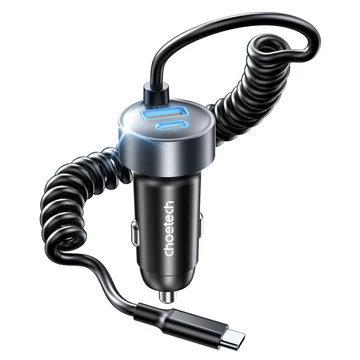 Choetech USB-C*2+A (65W,3-portos, autós, gyorstöltő), töltő Choetech USB-C*2+A (65W,3-portos, autós, gyorstöltő), töltő