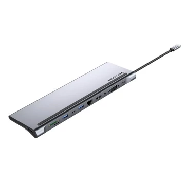 Vention USB-C -> HDMI/VGA/USB-C Gen 1/USB 3.0x2/USB 2.0/RJ45/SD/TF/TRRS 3.5mm/PD 0,25m (11 az 1-ben, szürke, fémszerű), Dokkoló Vention USB-C -> HDMI/VGA/USB-C Gen 1/USB 3.0x2/USB 2.0/RJ45/SD/TF/TRRS 3.5mm/PD 0,25m (11 az 1-ben, szürke, fémszerű), Dokkoló