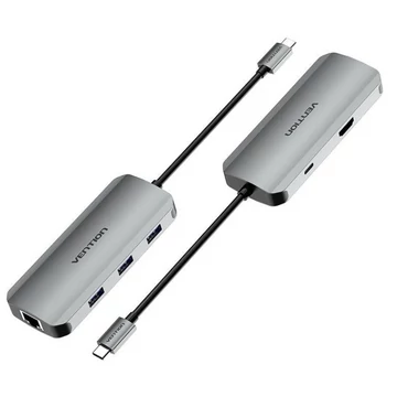 Vention USB-C -> HDMI/USB 3.0x3/RJ45/PD (0,15m Szürke Aluminum Ötvözet), Dokkoló Vention USB-C -> HDMI/USB 3.0x3/RJ45/PD (0,15m Szürke Aluminum Ötvözet), Dokkoló