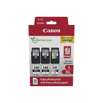 Canon PG-540Lx2 (2x11 ml) + CL-541XL (1x15 ml) + 50 lap GP501 10x15 fényes fotópapír Multipack Canon PG-540Lx2 (2x11 ml) + CL-541XL (1x15 ml) + 50 lap GP501 10x15 fényes fotópapír Multipack