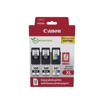 Canon PG-560XLx2 (2x14,3 ml) + CL-561XL (1x12,2 ml) + 50 lap GP501 10x15 fényes fotópapír Multipack Canon PG-560XLx2 (2x14,3 ml) + CL-561XL (1x12,2 ml) + 50 lap GP501 10x15 fényes fotópapír Multipack