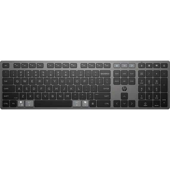 HP 725 többeszközös tölthető vezeték nélküli billentyűzet 9T5B2AA;2,4 GHz-es vezeték nélküli kapcsolat; BluetoothR; Tápellátás szuperkondenzátorral; Üzemidő: akár 2 hónap; Több eszközzel használható;