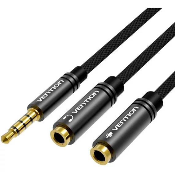 Vention 3.5mm jack/M -> 2*3.5mm jack/F,  (szövet, stereo splitter, fekete), 0,3m, kábel