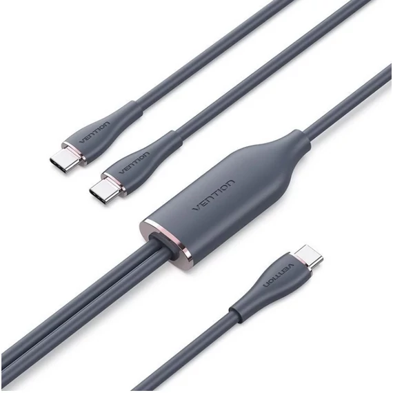 Vention USB-C 2.0/M -> 2*USB-C/M,  (5A,szilikon,fekete), 1,5m, kábel