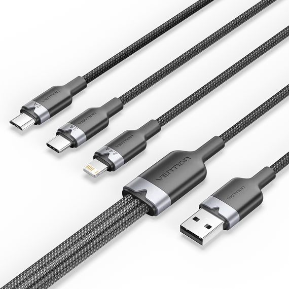 Vention USB-A 2.0/M -> USB-C/Lightning/Micro USB-B, 1,5m,(fekete,3A,3in1), kábel