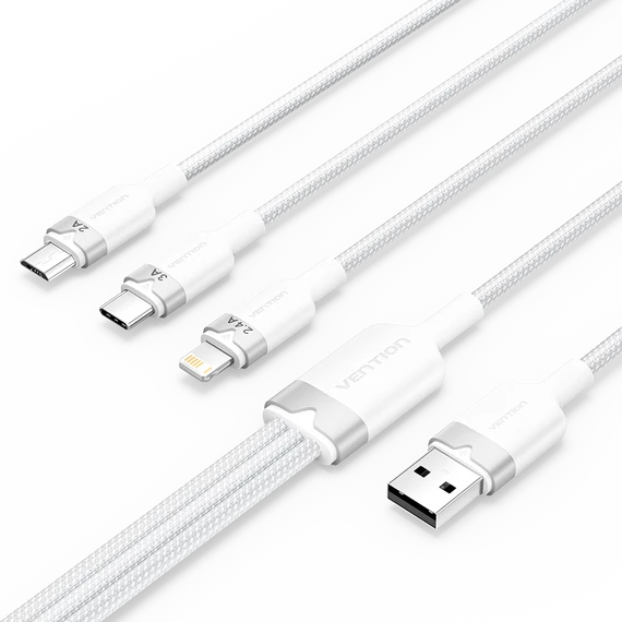 Vention USB-A 2.0/M -> USB-C/Lightning/Micro USB-B, 1,5m,(fehér,3A,3in1), kábel