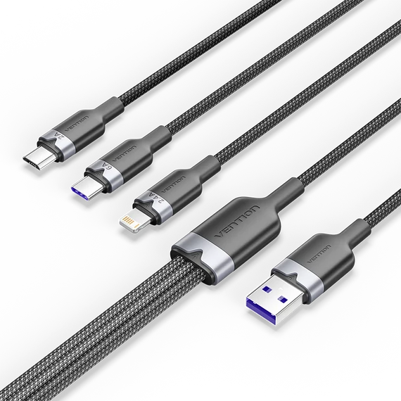 Vention USB-A 2.0/M -> USB-C/Lightning/Micro USB-B, 1,5m,(fekete,6A,3in1), kábel
