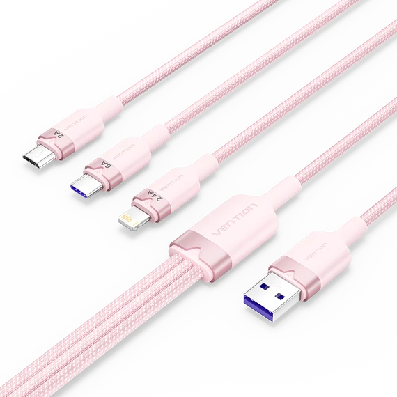 Vention USB-A 2.0/M -> USB-C/Lightning/Micro USB-B, 1,5m,(pink,6A,3in1), kábel