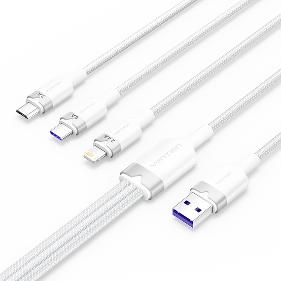 Vention USB-A 2.0/M -> USB-C/Lightning/Micro USB-B, 1,5m,(fehér,6A,3in1), kábel