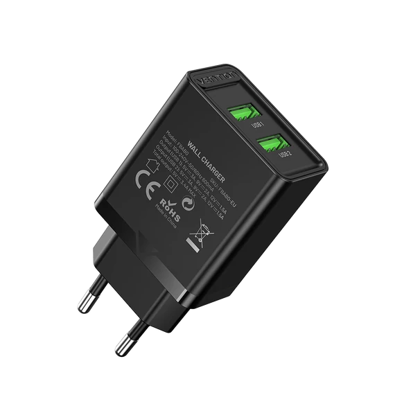 Vention USB-A+A (2port, 18W/18W,fekete), töltő