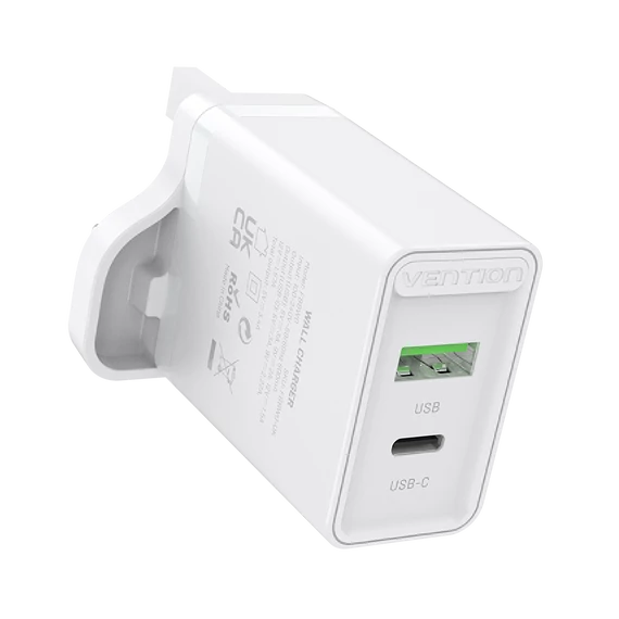 TÖLTŐ USB-A+C (2port, 18W/20W,fehér, UK csatlakozó), Vention