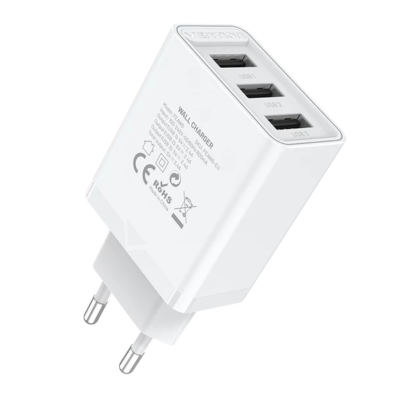 Vention USB-A+A+A (12W/12W/12W, 3-portos, fehér), töltő