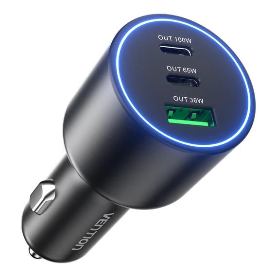 Vention USB-A+C*2 (3port,100/75/36W, fekete,szivargyújtós), töltő