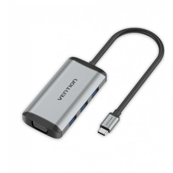 Vention USB-C -> HDMI/VGA/USB3.0*3/PD 0,15m, (szürke, fémszerű), Dokkoló