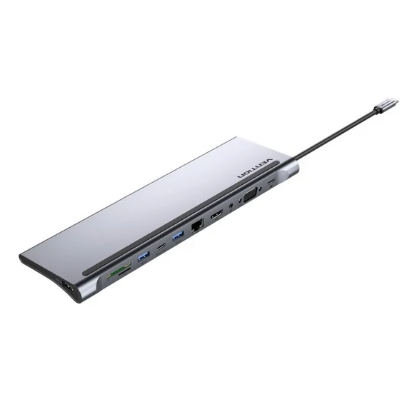 Vention USB-C -> HDMI/VGA/USB-C Gen 1/USB 3.0x2/USB 2.0/RJ45/SD/TF/TRRS 3.5mm/PD 0,25m (11 az 1-ben, szürke, fémszerű), Dokkoló