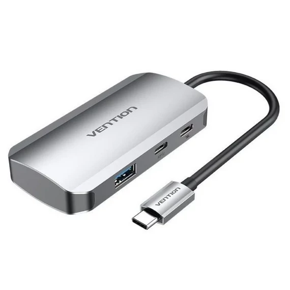 Vention USB-C -> USB3.0x4/PD  (0,15m Szürke Aluminum Ötvözet), Hub