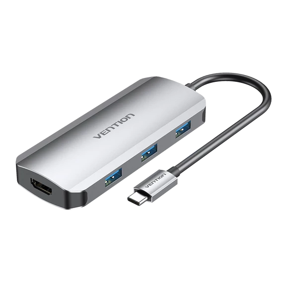 Vention USB-C -> HDMI/USB 3.0x3/PD (0,15m Szürke Aluminum Ötvözet), Dokkoló