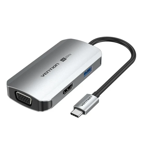 Vention USB-C -> HDMI/VGA/USB 3.0/PD (0,15m Szürke Aluminum Ötvözet) Dokkoló
