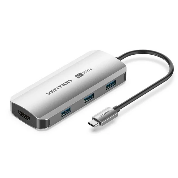 Vention USB-C -> HDMI/USB 3.0 x3/PD (0,15m Szürke Aluminum Ötvözet) Dokkoló