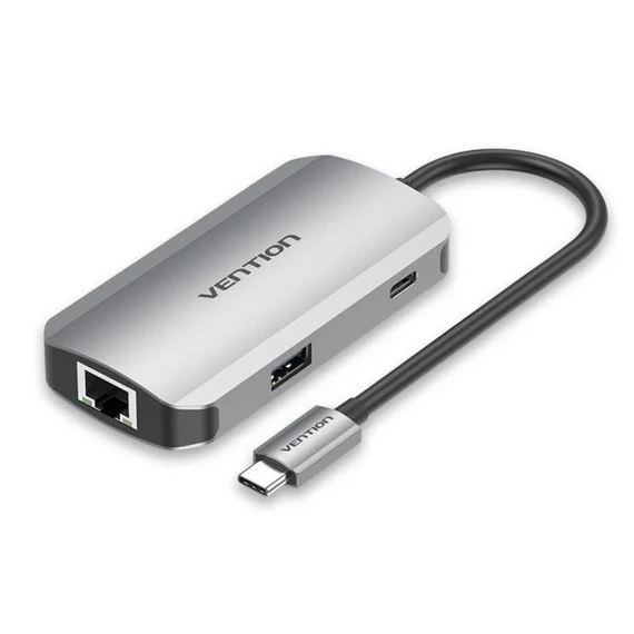 Vention USB-C -> USB3.0x3/RJ45/PD  (0,15m Szürke Aluminum Ötvözet), Hub