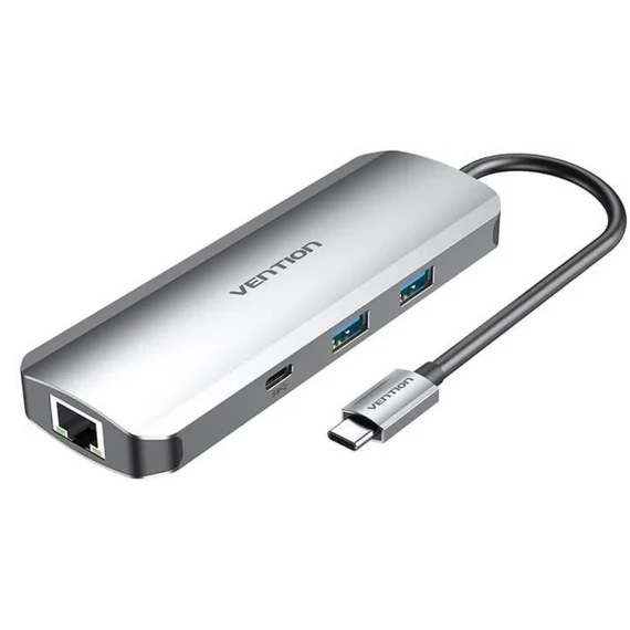 Vention USB-C -> HDMI/USB-C Gen 1/USB3.0x2/RJ45/SD/TF/TRRS 3.5mm/PD (0,15m Szürke Aluminum Ötvözet), Dokkoló