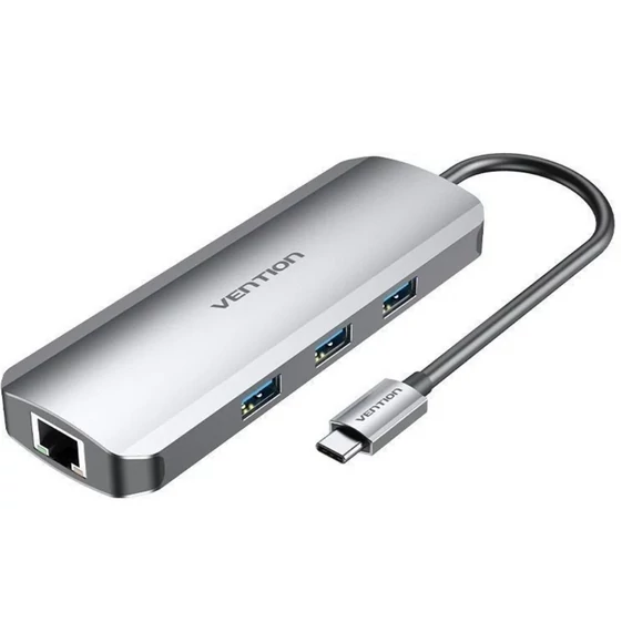 Vention USB-C -> HDMI/USB3.0x3/RJ45/SD/TF/PD (0,15m Szürke Aluminum Ötvözet), Dokkoló