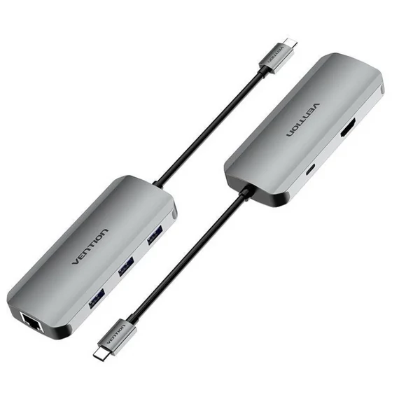 Vention USB-C -> HDMI/USB 3.0x3/RJ45/PD (0,15m Szürke Aluminum Ötvözet), Dokkoló