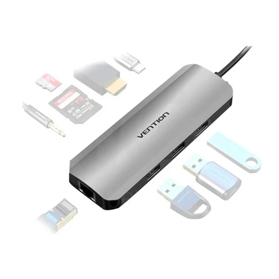 Vention USB-C -> HDMI/USB3.0x3/RJ45/SD/TF/TRRS 3.5mm/PD (0,15m Szürke Aluminum Ötvözet), Dokkoló