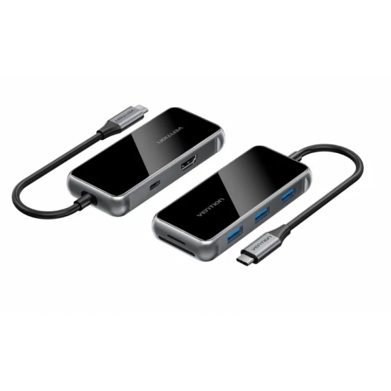 Vention USB-C -> HDMI/USB 3.0x3/SD/TF/PD (0,15m, szürke, tükrös felületű), Dokkoló