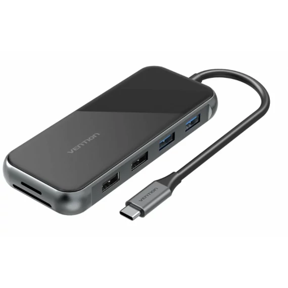 Vention USB-C -> HDMI/ VGA/USB3.0*2/USB2.0*2/RJ45/TF/SD/PD (0,15m, szürke, tükrös felületű), Dokkoló