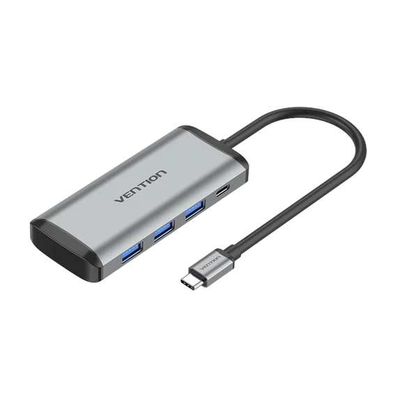 Vention USB-C -> USB3.0*3/TF/SD/PD (0,15m Szürke Aluminum Ötvözet), Hub