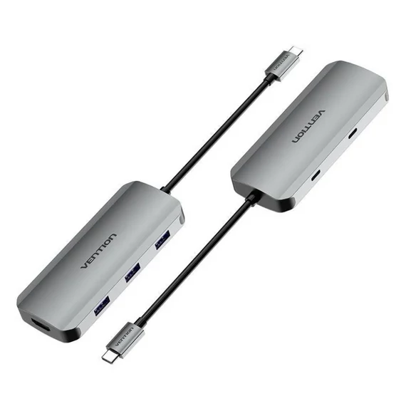 Vention USB-C -> HDMI/USB-C Gen 1/USB 3.0x3/PD (0,15m Szürke Aluminum Ötvözet), Dokkoló